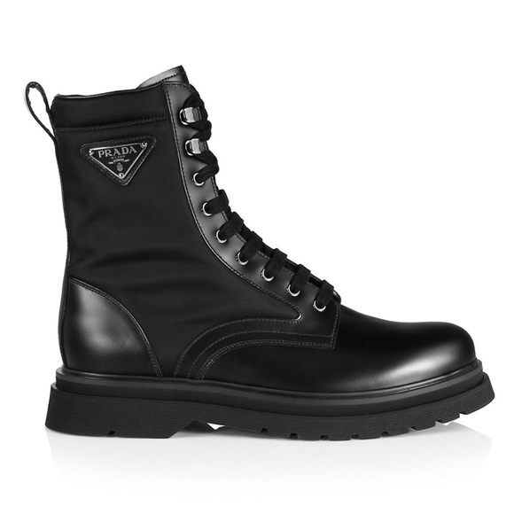 Prada 40 Logo Leather Nylon Lug-Sole Combat Boots Black Men's UK